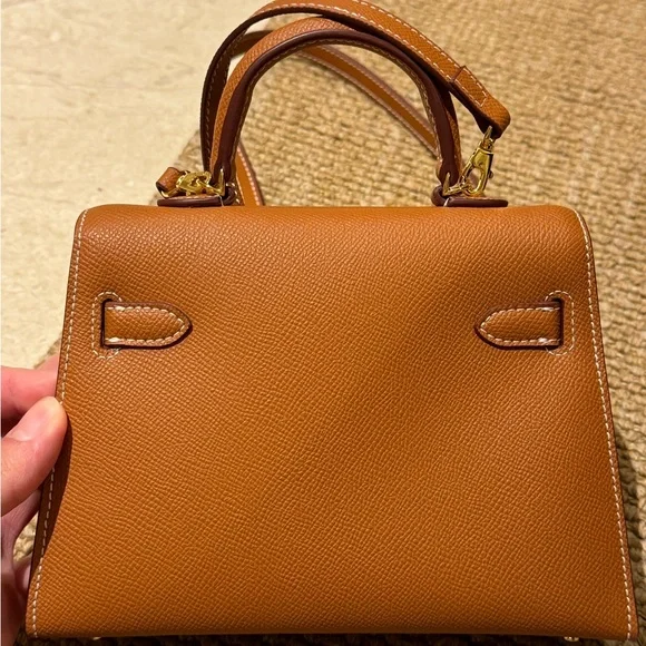 Caramel brown Leather Mini Kelly Style Handbag - Picture 8 of 9